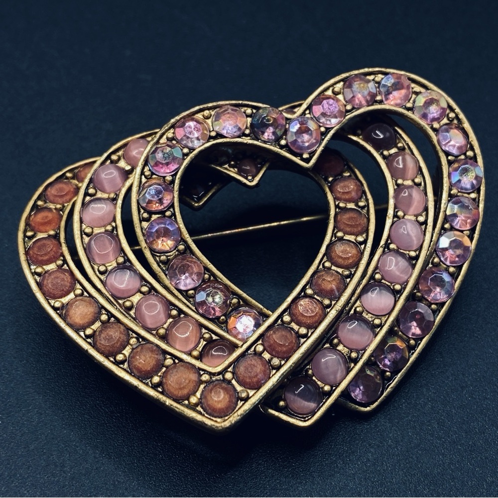 Vintage Liz Claiborne Brooch Interlocking Hearts Rhinestones